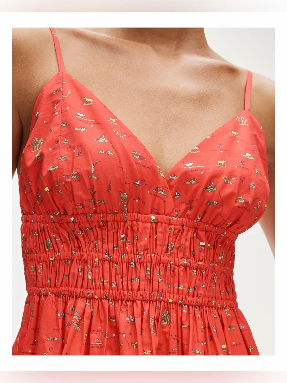 🆕 NWT J.Crew Smocked-waist V-neck dress in map print, California Poppy size 6